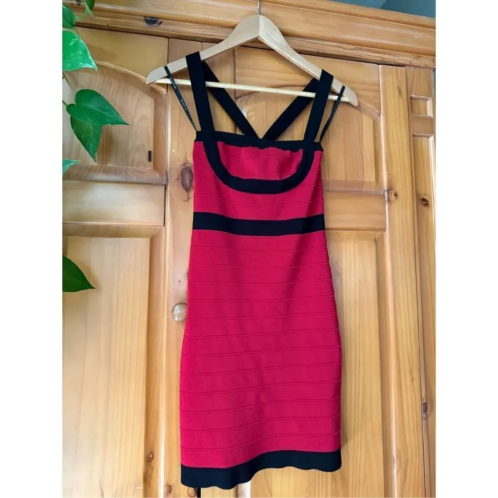 Bebe Red Black Bandage Bodycon Dress Strappy Back Mini XS S Y2K